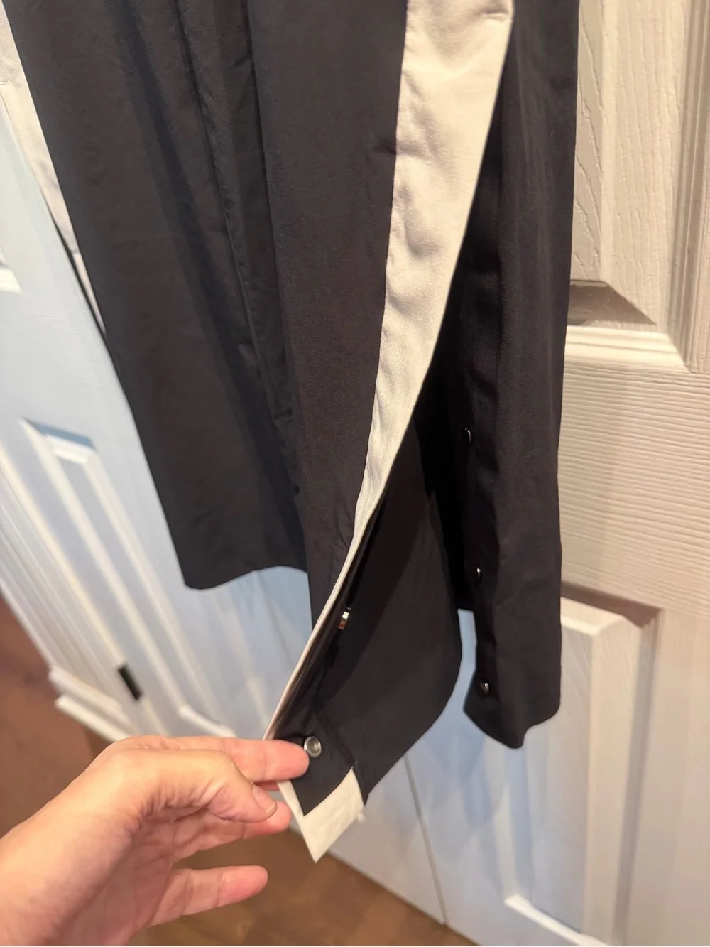 Athleta Gramercy Luxe Track wide-leg black pants with light contrast side stripe